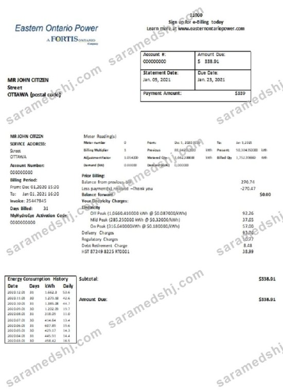 Canada Eastern Ontario Power utility bill